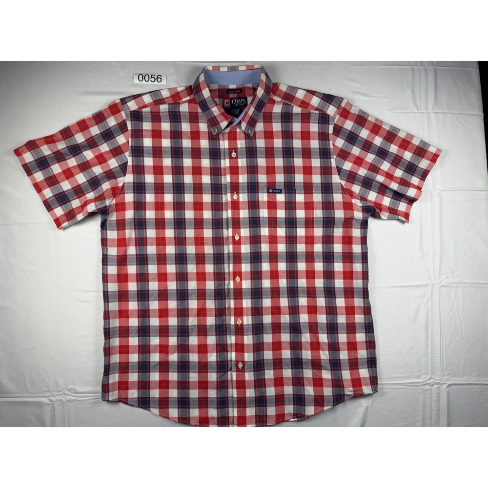 Chaps Mens XL Red White Blue Plaid Short Sleeve Button Down Shirt Easy Care